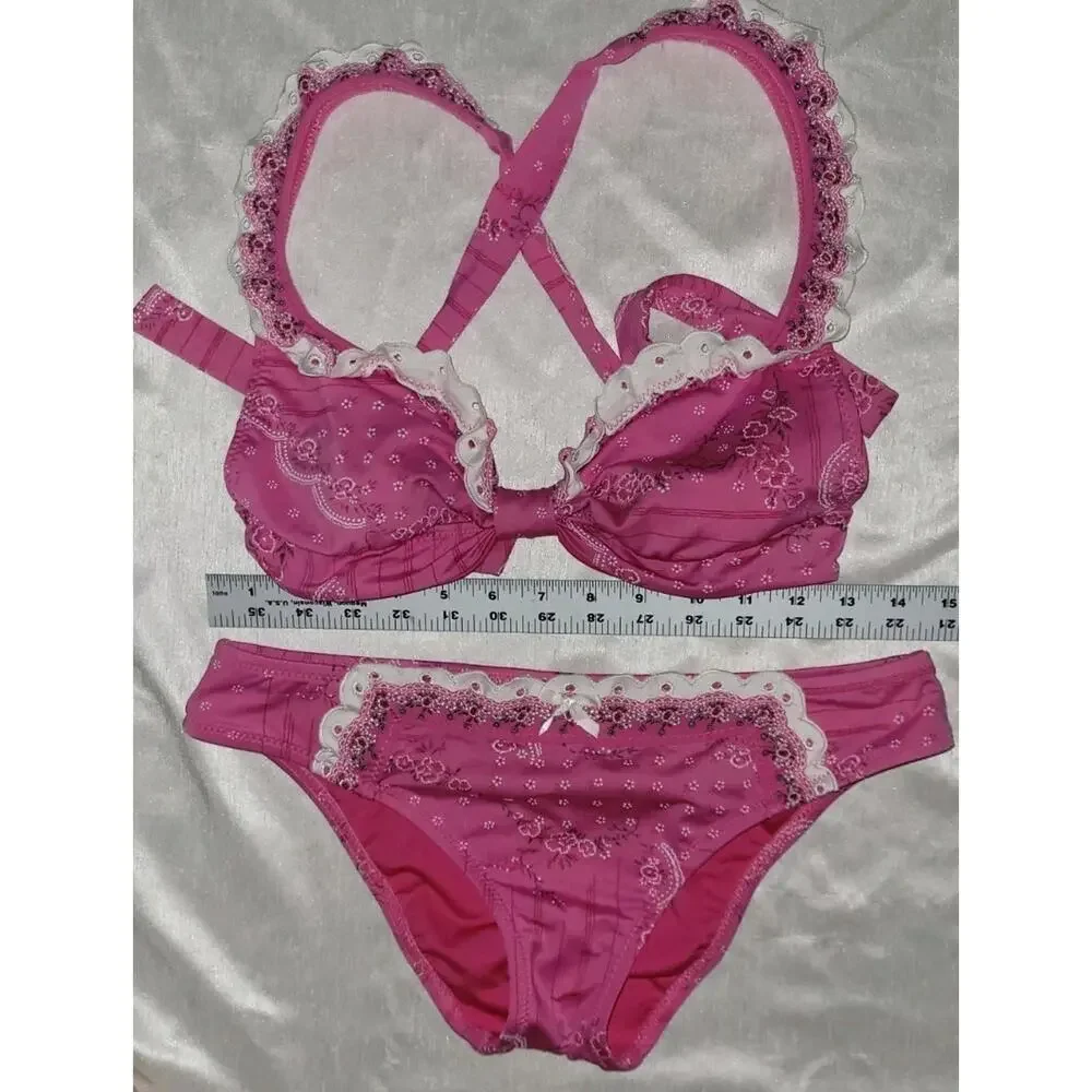 VINTAGE BESTSEY JOHNSON PINK RUFFLE CUPCAKE COWBOY BIKINI! X TOP (S) & (M) BOTTM